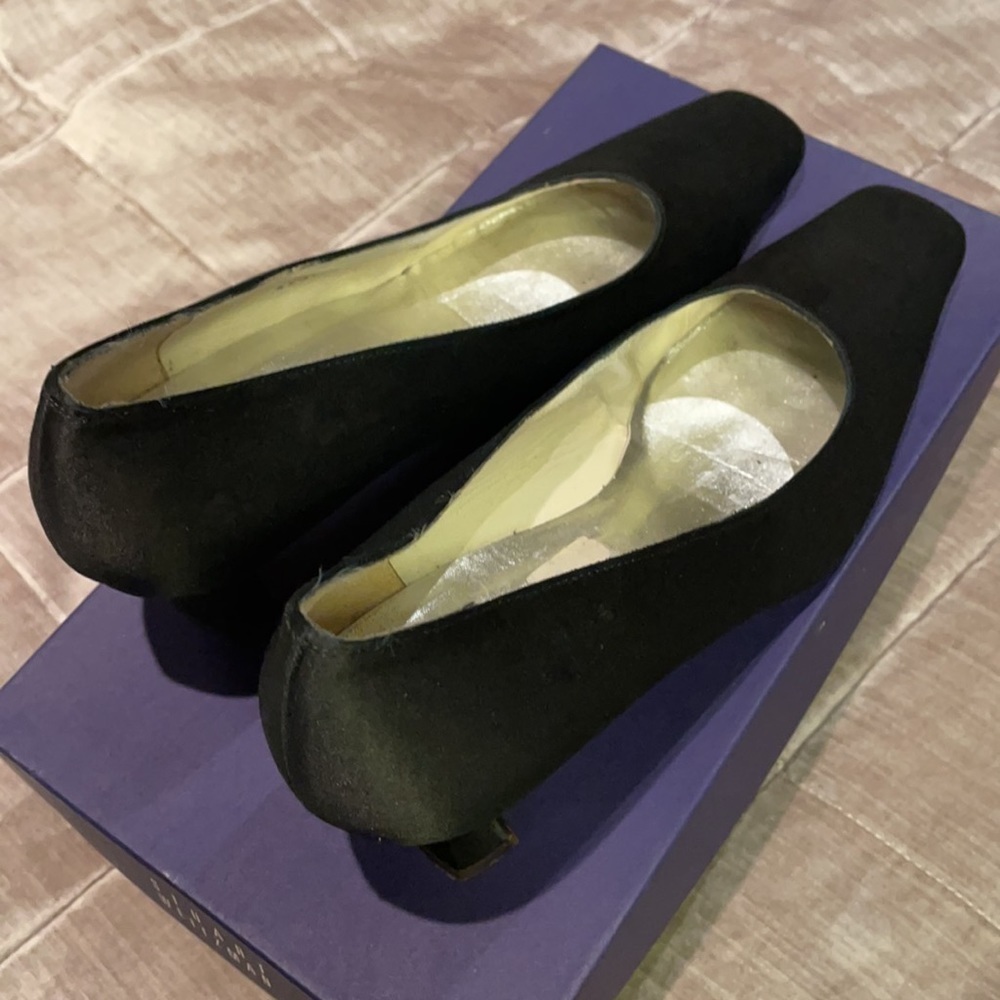 Stuart Weitzman Black Satin Shoes size 7 1/2 AA Narrow Heels Dress Shoes